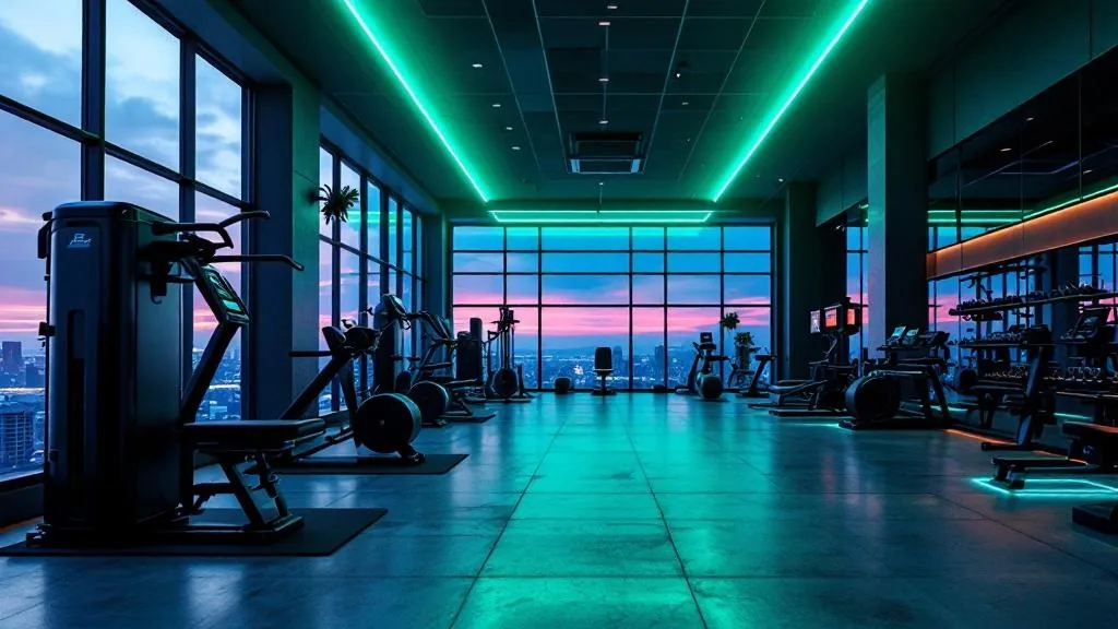Modernes Fitnessstudio bei Nacht mit neon-atmosphärischer Beleuchtung